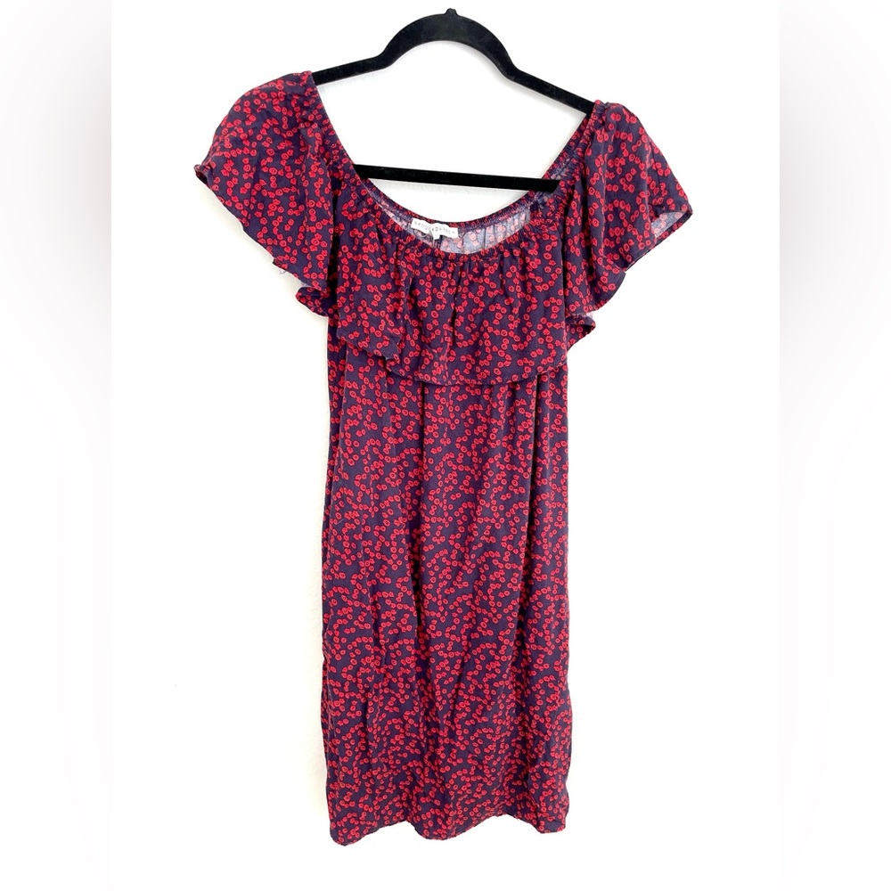 Beautiful Sandra Darren Off Shoulder Dress Blue With Red Flowers. Dress Size S